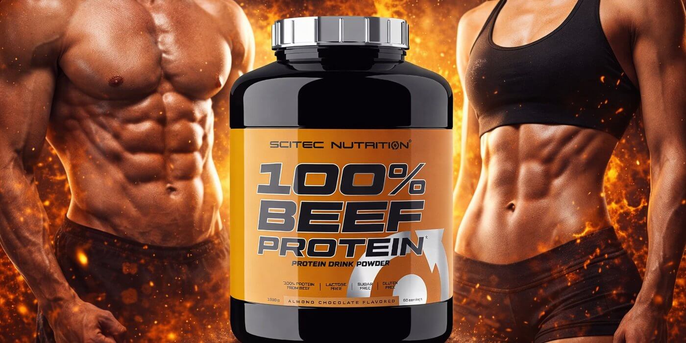 bannière de la prot&eacute;ine de boeuf  100% beef protein isolat hydrolisee scitec nutrition pour des muscles secs